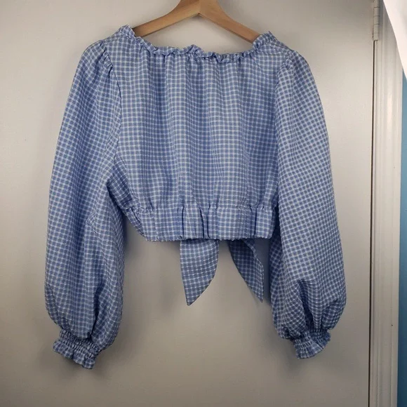 Zara Light Blue Gingham Tie-Front Crop Top Si'e Large - Picture 7 of 8